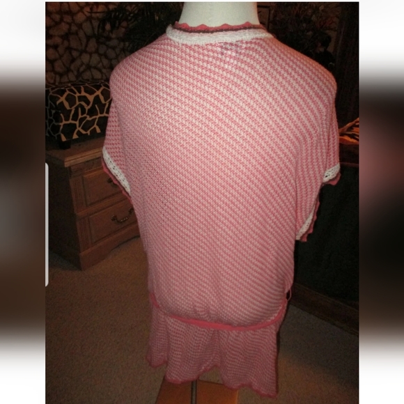 JAMIE GRIES Pink Cream Brown Mesh Knit Crochet Edge Tie Sweater Jacket Shrug 3X - Picture 3 of 4